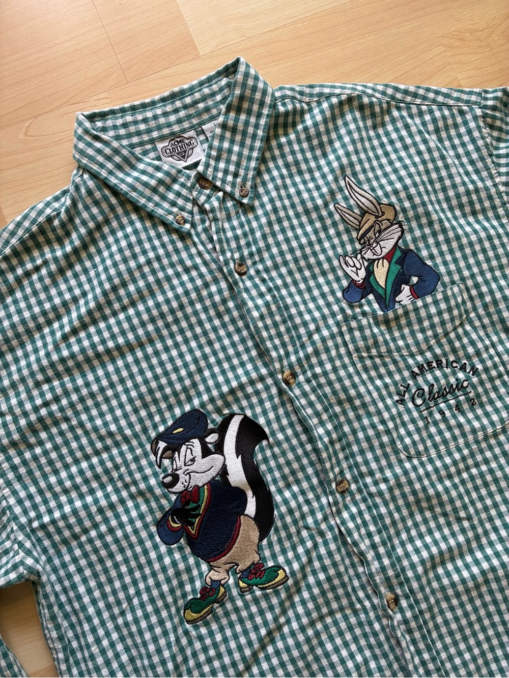 Acme Clothing Co Vintage American Classic Greek Check Cotton Shirt Bugs Bunny L